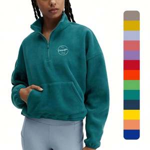 Conjunto de Top corto de gran tamaño con logotipo personalizado, Sudadera con capucha para mujer con media cremallera y hombros caídos, Sudadera corta con Bordado de lana Polar - Product Image 1