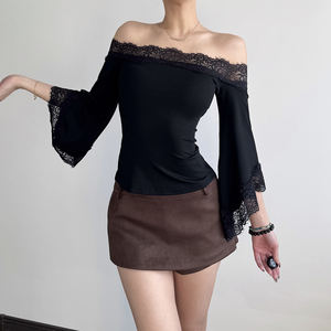 Camiseta de Manga Larga con Hombros Descubiertos y Ribete de Encaje Estilo Y2K para Mujer, Color Sólido, Manga Acampanada, Corte Ajustado, Top Elegante - Product Image 4