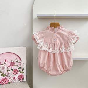 Combinaison pour <span class=keywords><strong>bébé</strong></span> fille d'été, broderie florale rose, dentelle, volants, coton, body pour nouveau-né, style princesse, tenue une pièce - Product Image 3