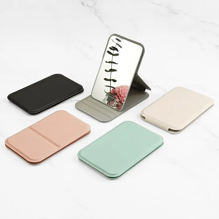 Folding Travel Pocket Makeup Mirror Custom Logo Portable Standing PU Leather Foldable Cosmetic Mirrors For Make up