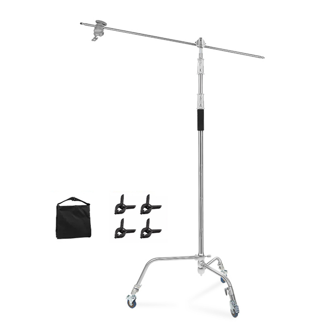 Heavy Duty 3.3M C Stand and 1.28M Boom Arm Crossbar Swivel Caster Wheels Sandbag Kit for Photography Light Durable Tripod