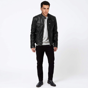 Chaqueta de cuero para hombre, estilo vintage, con cuello alto, corte ajustado, transpirable, con cremallera, para otoño. - Product Image 1