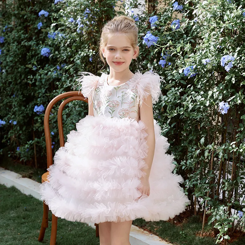 2024 קיץ חדש בהדפס פרחוני מותאם אישית אקארד טול מסיבת ילדים ללבוש שמלת ילדה מתוקה קאפקייקס שמלות טוטו