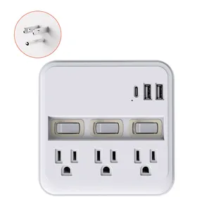 Cargador de pared USB protector contra sobretensiones para salida con enchufes de 3 pines y 3 interruptores eléctricos PC ignífugo caja de plástico