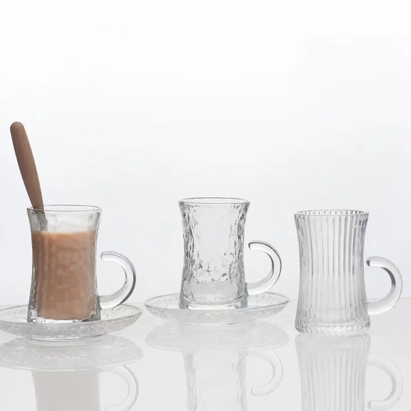 Nuova tazza di caffè in vetro caldo con manico con piattino in vetro 2024 stile palazzo con logo personalizzato