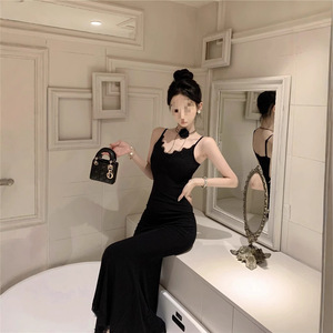 Slim Fitting Lace Bodycon Dress Women Spring Autumn Sleeveless Strapless Sheath Long Skirt Black Solid Color - Product Image 2