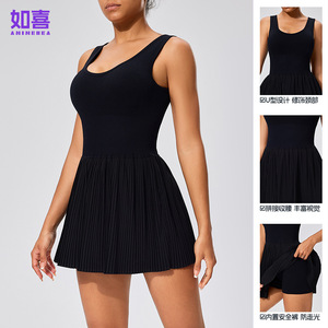 Amichea Deep V Back Tennis Dress Black White Solid Color Breathable Fit Women's Sports Skirt - Product Image 3
