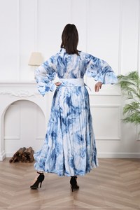 2024 Style chaud automne femmes Vintage imprimé fleuri <span class=keywords><strong>robe</strong></span> respirant écharpe col longue Lotus manches nœud plissé Maxi <span class=keywords><strong>robe</strong></span> - Product Image 5