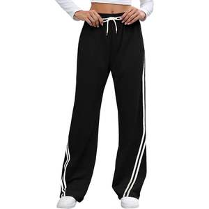 Pantalon de survêtement décontracté pour femme avec taille élastique, nouveau design ample à deux bandes, coupe droite, jambe large, respirant - Product Image 4