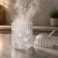 Vaso de Vidrio Borosilicato Resistente al Calor de 400 ml, con Tapa Abovedada Acanalada y Pajita, para Café Helado, Jugo, Leche, Té, Hecho a Mano, Reutilizable, para Niños