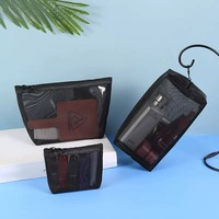 Tas Kosmetik Jala Ramah Lingkungan dari Nilon, Penutup Ritsleting, Dapat Dilipat, Kantong Penyimpanan Perjalanan, Bernapas, Transparan, Tas Kuas Makeup dengan Ring