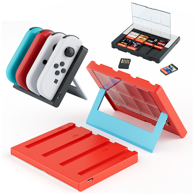 For Switch/Switch OLED 4 Joy-Con Charging Dock with 8 Game Card Slots, Foldable Stand and Game Cards Storage Case