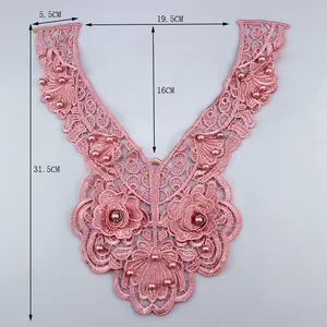 Commercio all'ingrosso della fabbrica di perle di poliestere di perle di pizzo fiori colletto Applique rifinitura, tessuto di pizzo collo di cucito colletto di pizzo ricamo