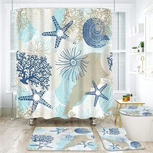 Rideau de Douche en Polyester Imprimé Numérique Motif Vie Marine Bleue, Imperméable, Personnalisable, Ensemble de Rideaux de Douche, Vente en Gros - Product Image 6