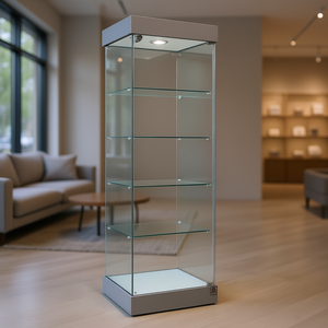 Vitrina de Vidrio Templado 53x46x188cm Gris Claro con Puerta Abatible con Cerradura, 4 Estantes, Luz Halógena Superior y Base Oculta - Product Image 3