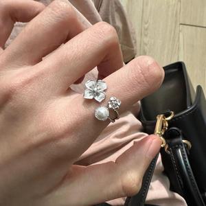 Versatile S925 Pure Silver Floral Pearl <b>Ring</b> New Chinese Style Niche <b>Opening</b> <b>Ring</b> with Brushed Finish - Product Image 3