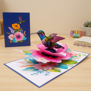 Meilleure Vente : Carte Pop-Up Fleur d'Anémone Coronaria et Colibri, Artisanat Floral en Papier Fait Main, Style Animalier Tendance du Vietnam - Product Image 4