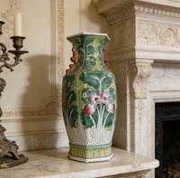 Vase en céramique hexagonal vintage avec motif de chou et de papillon peint à la main, vase décoratif en porcelaine chinoise Bok Choy