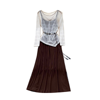 Ensemble élégant 2 pièces pour femme : Cardigan en maille ajourée et robe longue camisole, taille nouée, coupe ajustée, collection automne