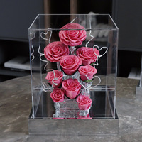 Boîte à roses éternelles en acrylique avec base miroir Glacier, centre de table fleur éternelle, branches argentées, cadeau fait main pour la Fête des Mères