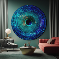 Grande sculpture murale ronde en métal Vincentaa, bleue, avec motif concentrique, pour la décoration du hall d'hôtel