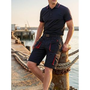 Men's Hi Visibility Workwear Cargo Shorts Multi Pocket Black Red Trim Breathable Cotton Outdoor Wear - Product Image 3