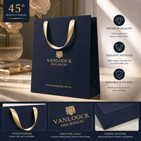 Sac cadeau de luxe personnalisé avec logo, sac en papier bleu marine avec poignée en ruban de satin, emballage haut de gamme pour la vente au détail de la marque