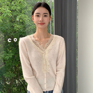 Maglione Cardigan in Cashmere personalizzato con scollo <span class=keywords><strong>a</strong></span> V in pizzo da <span class=keywords><strong>donna</strong></span> in puro Cashmere - Product Image 4
