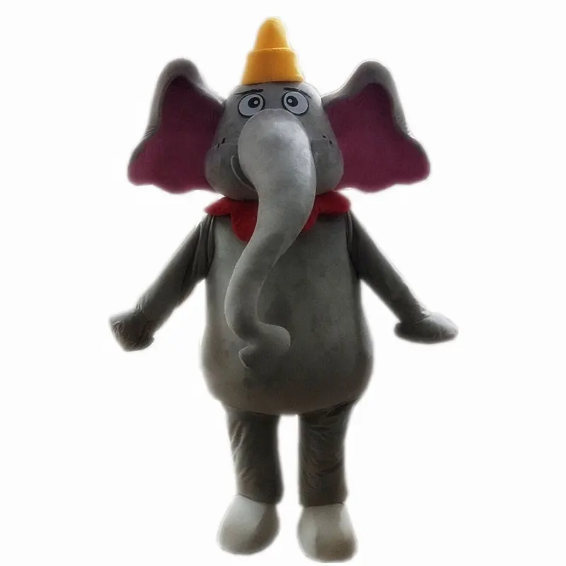 Lovely human size grey adult elephant mascot costume easy wear big ear with yellow hat red scarf cartoon elephant costume