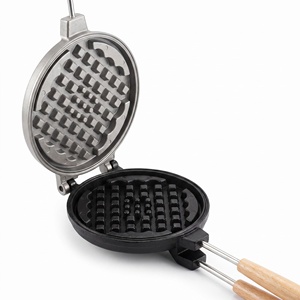 <span class=keywords><strong>Gaufrier</strong></span> rond antiadhésif pour cuisinière, avec poignée en bois, moule à gaufres double face en aluminium pour le camping - Product Image 1