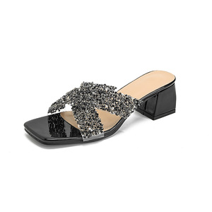 Elegant Black Rhinestone Heeled Sandals Square Toe Mid <b>Block</b> Heel Slip-On Summer Women Shoes Patent Leather PU Lining - Product Image 1