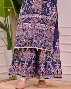 เสื้อผ้าดีไซเนอร์สุดฮิตทันสมัย แห้งเร็ว พร้อมลายพิมพ์และงานปักมือ ชุดเสื้อและกางเกงพลัซโซพร้อมผ้าคลุมไหล่ สำหรับงานปาร์ตี้ - Product Image 1