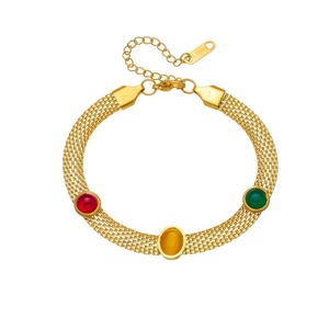 Bracelet vintage pour femme en acier inoxydable, chaîne à maillons, plaqué or, étanche, avec incrustations de résine ovale colorée, large surface - Product Image 5