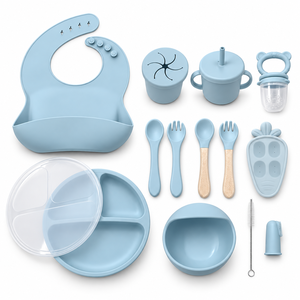 OEM Custom 13 Piece Silicone Baby Feeding Set with Wooden Handle Utensils and Storage <strong>Bag</strong> - Product Image 1