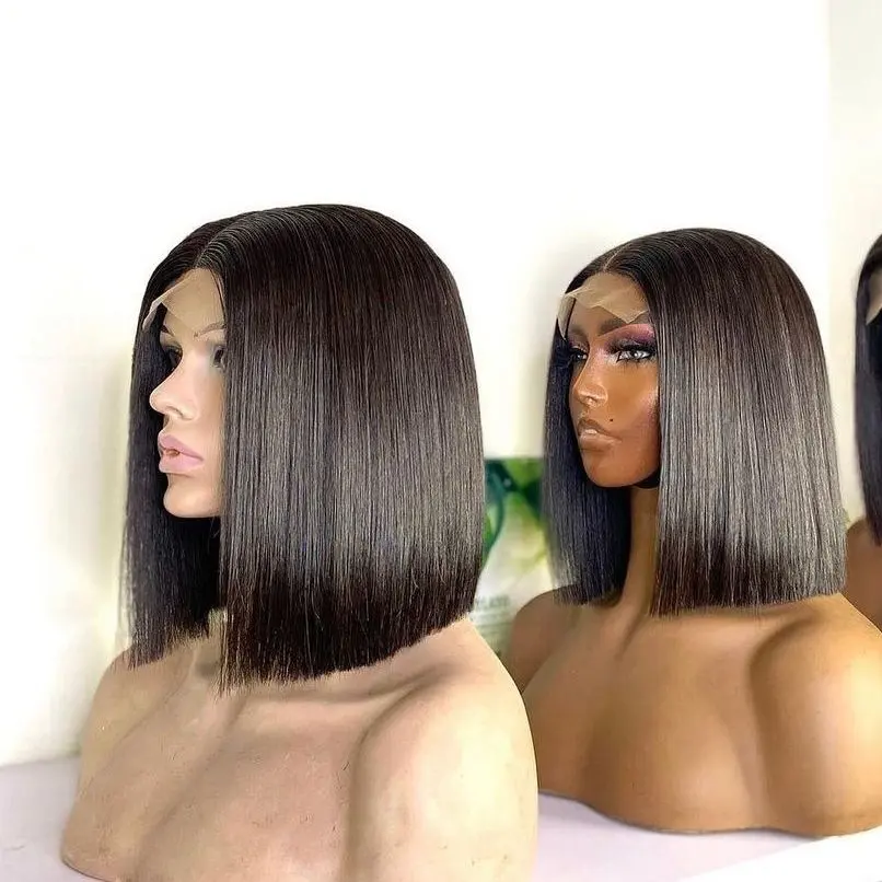 Pelucas de cabello humano de corte corto, pelo natural Bob transparente con encaje frontal, barata