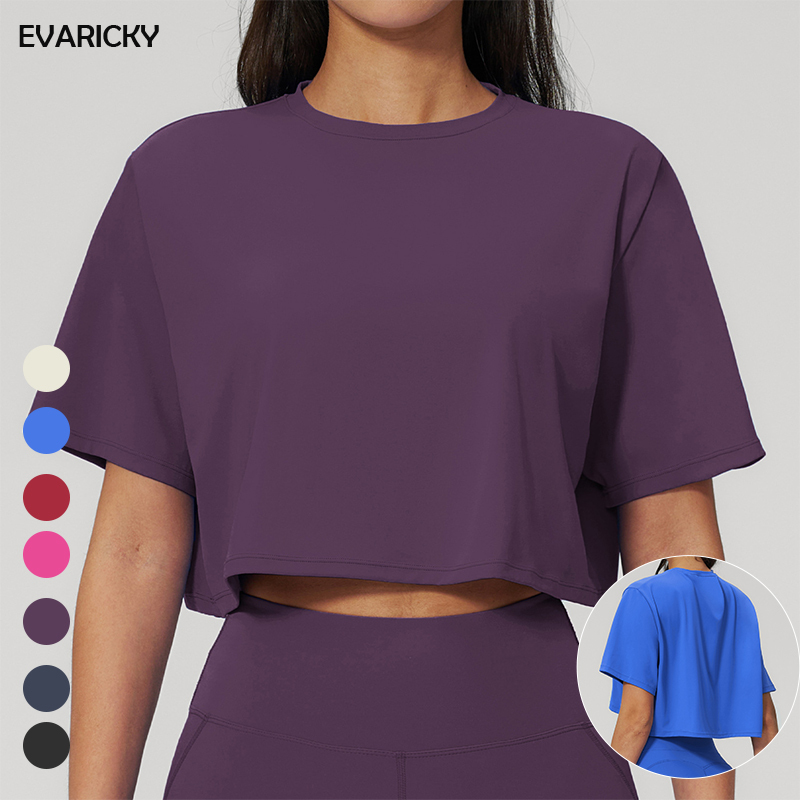 EVARICKY New Arrival Fashion Women's Short Sleeve Yoga Crop Top Loose Crew Neck Workout T-Shirt Fitness Tops for Running Sports