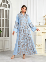 Robe Abaya Vintage en Polyester à Col en V avec Appliques Florales et Paillettes, Kaftan Modeste pour l'Aïd, Mariages et Occasions Formelles du Moyen-Orient
