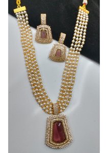High Quality Multi Strand <b>Beaded</b> Long Necklace <b>Set</b> with Sparkling Zirconia Pendant and Designer Matching Earrings Collection - Product Image 5
