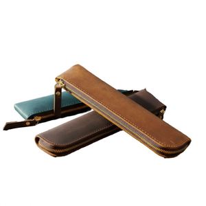 Estuche para Lápices de Cuero Crazy Horse, Bolsa con Cierre, Funda Minimalista para Bolígrafos, Almacenamiento de Artículos de Papelería - Product Image 1