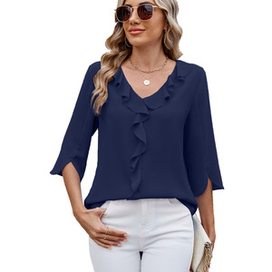 Áo blouse voan nữ cổ V, dáng rộng, tay ba phần, kiểu dáng thanh lịch, thường ngày, mùa hè, chất liệu dệt, nhanh khô, màu trơn - Product Image 4