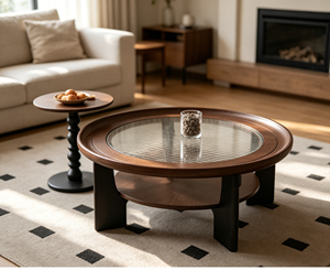 New Arrival Round Two-Tier Solid Wood Coffee <b>Table</b> Wavy Textured Glass Top Block Leg Living Room Storage Tea <b>Table</b> - Product Image 6