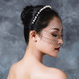 Fantaisie jour fait à la main mariée <span class=keywords><strong>treillis</strong></span> Net voile Unique Design perle bandeau gaze voile pour mariage chapeaux visage Net masque bandeaux - Product Image 4