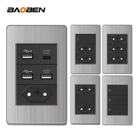 Prise murale BAOBEN en acier inoxydable, norme brésilienne, double USB Type C, interrupteur d'éclairage avec 5 ports, prise 10A 20A