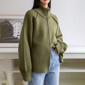 Women's Olive Green Stand Collar Zipper Knitted <b>Cardigan</b> Loose Fit Sweater Top Autumn Winter 2025 Korean Style Solid Color - Product Image 1