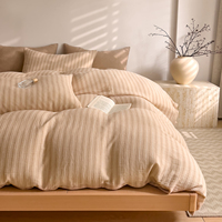 Selimut Kasur 100% Katun Krep 3 Pcs Set Motif Garis-garis, Kain Kasa Kerut, MOQ Rendah, Set Sprei Toko Butik Shopify