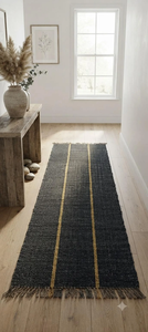 Tapis de couloir en laine noire et jute fait main, minimaliste, rayé, pour entrée, salon, chambre, décoration de sol rustique pour la maison - Product Image 2