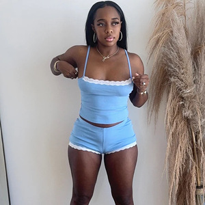 Sexy Casual Camisole <b>Shorts</b> Lace Patchwork Two-piece Set for Women Fashion - Product Image 2