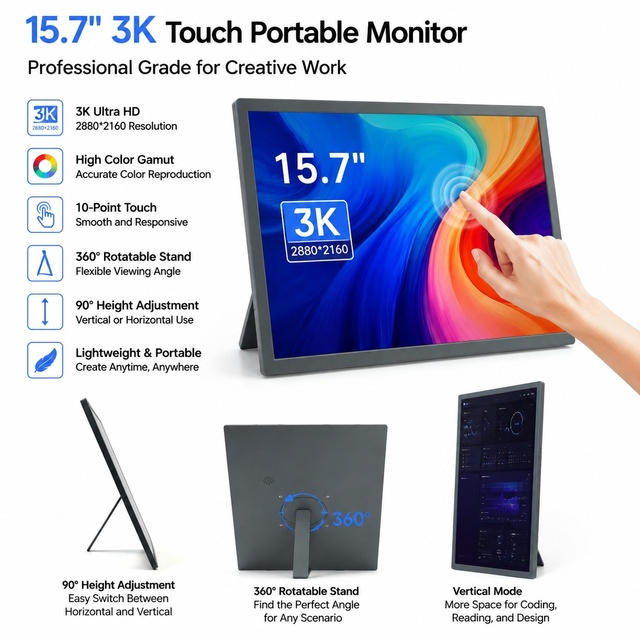 15.7" 3K 2880*1620 IPS Touchscreen Portable Monitor Built in Adjustable Stand for Switch,Xbox,PS4,Laptop,Desktop,Mobile Phone,TV