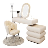 Coiffeuse en bois massif avec plateau en pierre, tiroirs intégrés et armoire éclairée, style moderne minimaliste crème, pour chambre et salon