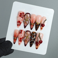 TSZS Faux Ongles à Presser Faits Main Personnalisables Amande Goutte d'Eau Fleur 3D Cerise Couverture Complète